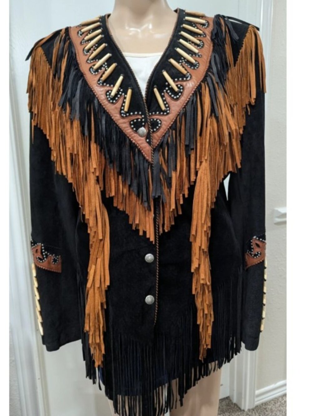 Tribe America Leather Fringe Jacket Black/Brown Sz 12 Buffalo Bone Concho Studs